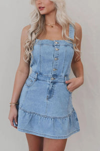 Ruffled Hem Button Front Square Neck Denim Dress - #shop_name - women clothes