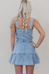 Ruffled Hem Button Front Square Neck Denim Dress - #shop_name - women clothes