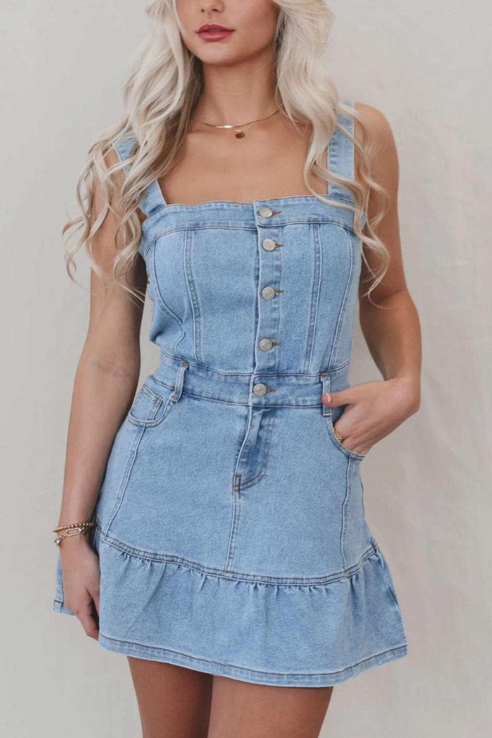 Ruffled Hem Button Front Square Neck Denim Dress - #shop_name - women clothes