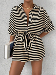 Tie Waist Half Button Striped Romper in 5 Colors - #shop_name - women clothes