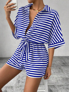 Tie Waist Half Button Striped Romper in 5 Colors - #shop_name - women clothes