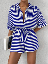 Load image into Gallery viewer, Tie Waist Half Button Striped Romper in 5 Colors - #shop_name - women clothes