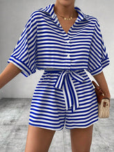 Load image into Gallery viewer, Tie Waist Half Button Striped Romper in 5 Colors - #shop_name - women clothes