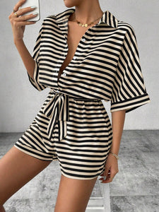 Tie Waist Half Button Striped Romper in 5 Colors - #shop_name - women clothes