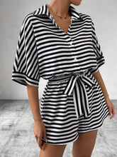 Load image into Gallery viewer, Tie Waist Half Button Striped Romper in 5 Colors - #shop_name - women clothes