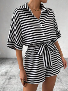 Tie Waist Half Button Striped Romper in 5 Colors - #shop_name - women clothes