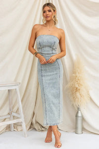 Washed Slit Back Tube Denim Dress, In 2 Colors: Tan and Light Blue - #shop_name - women clothes