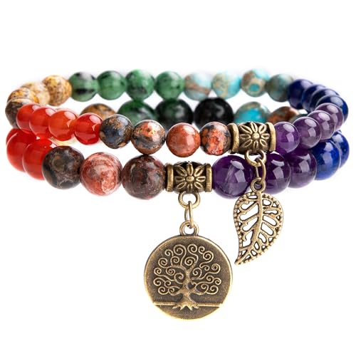 Bivei Natural Semi Precious Gemstone Beads Bracelet for Women - Tree of Life and Leaf Charm Chakra Energy Healing Anxiety Stretch Bracelets(7 chakras Beads)
