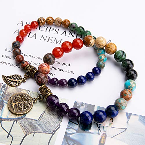 Bivei Natural Semi Precious Gemstone Beads Bracelet for Women - Tree of Life and Leaf Charm Chakra Energy Healing Anxiety Stretch Bracelets(7 chakras Beads)
