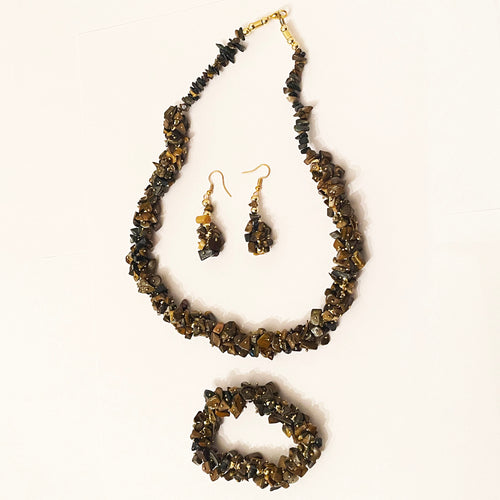 A Set Of Unique Necklace + Bracelet + Earring- Tiger’s Eye Stones