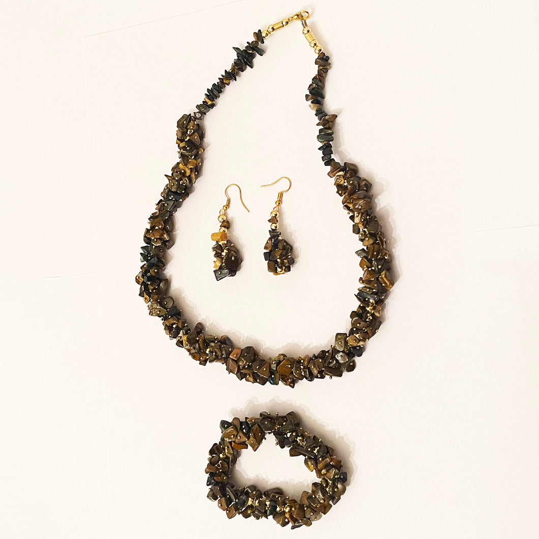 A Set Of Unique Necklace + Bracelet + Earring- Tiger’s Eye Stones