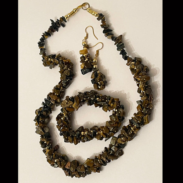 A Set Of Unique Necklace + Bracelet + Earring- Tiger’s Eye Stones