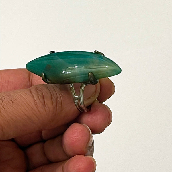 Unisex Adjustable Stainless Steel Ring with a Unique Huge Green Agate Stone