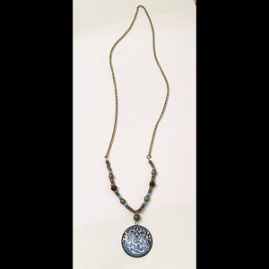 Women Vintage Handmade Beaded Bohemian Necklace with Round Brass Painted Pendant