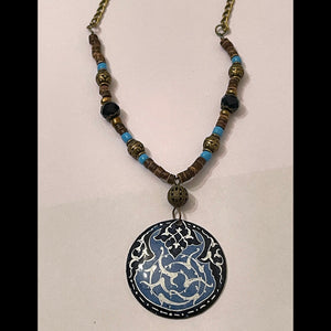 Women Vintage Handmade Beaded Bohemian Necklace with Round Brass Painted Pendant