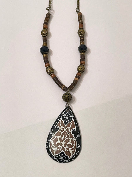 Women Vintage Handmade Beaded Bohemian Necklace with Round Brass Painted Pendant