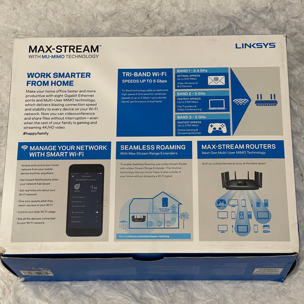 Linksys Ac5000 Mu MIMO 5.0 GHz Tri Band Quad Stream WiFi Router Ea9400 Pre-Owned with Box