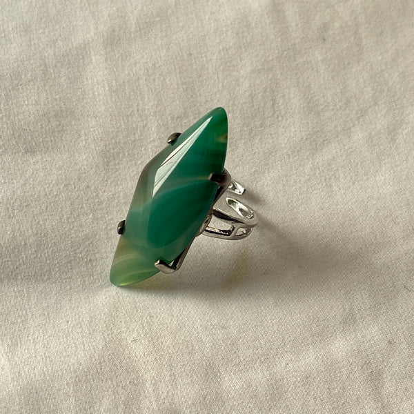 Unisex Adjustable Stainless Steel Ring with a Unique Huge Green Agate Stone