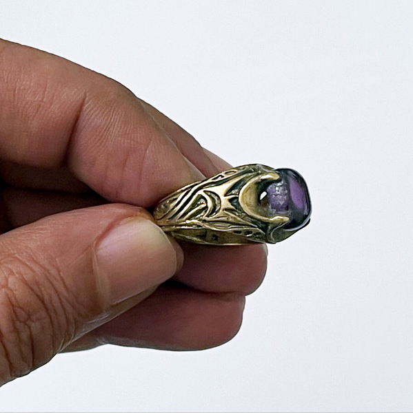 Vintage Unisex Brass Ring with Natural Amethyst Stone. Unique Gift for Her/Him