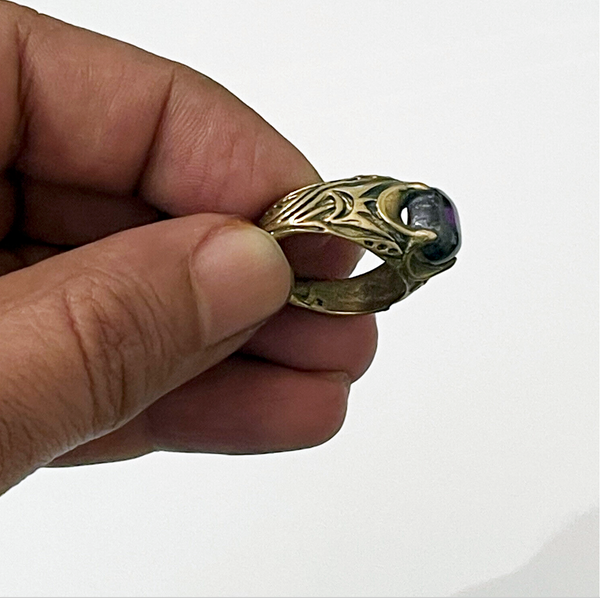 Vintage Unisex Brass Ring with Natural Amethyst Stone. Unique Gift for Her/Him