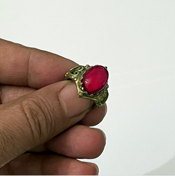 Antique Brass Ring with Cabochon Ruby Stone. Unique Gift for Her/Him