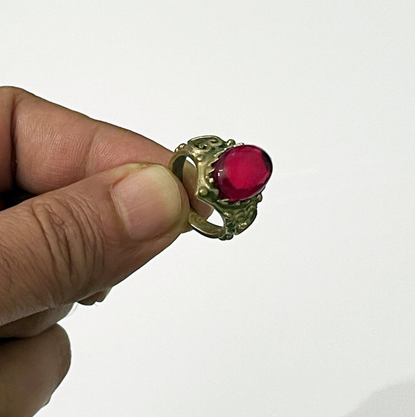 Antique Brass Ring with Cabochon Ruby Stone. Unique Gift for Her/Him