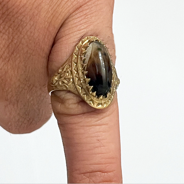 Brass Ring with an Oval Brown/Gray Agate. Simulated, Unique Gift for Her/Him