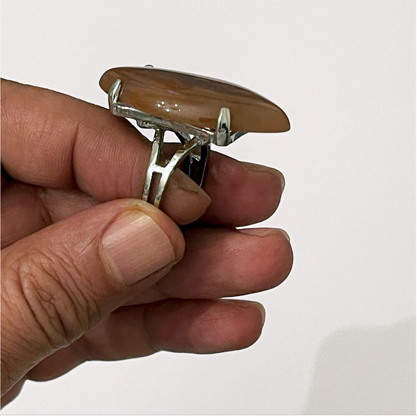Unisex Brass Ring with a Big Light Brown Agate Stone. Simulated, a Unique Gift