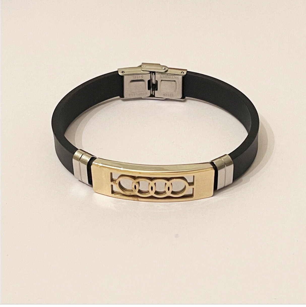 Men’s business stainless steel bracelet with black PU leather