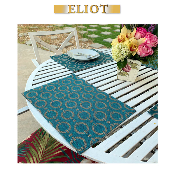 Bond - Pack of 4 Beautiful Jacquard Woven Geometric One-Side Placemats - Color: Laguna