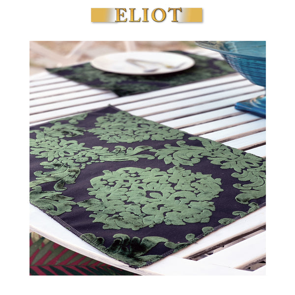 Florence Palace - Pack of 6 Beautiful Burnout Damask Velvet One-Side Placemats - Color:Emerald