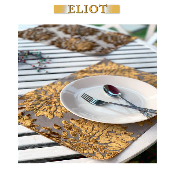 Florence Fiori - Pack of 5 Beautiful Burnout Damask Velvet One-Side Placemats - Color: Gold